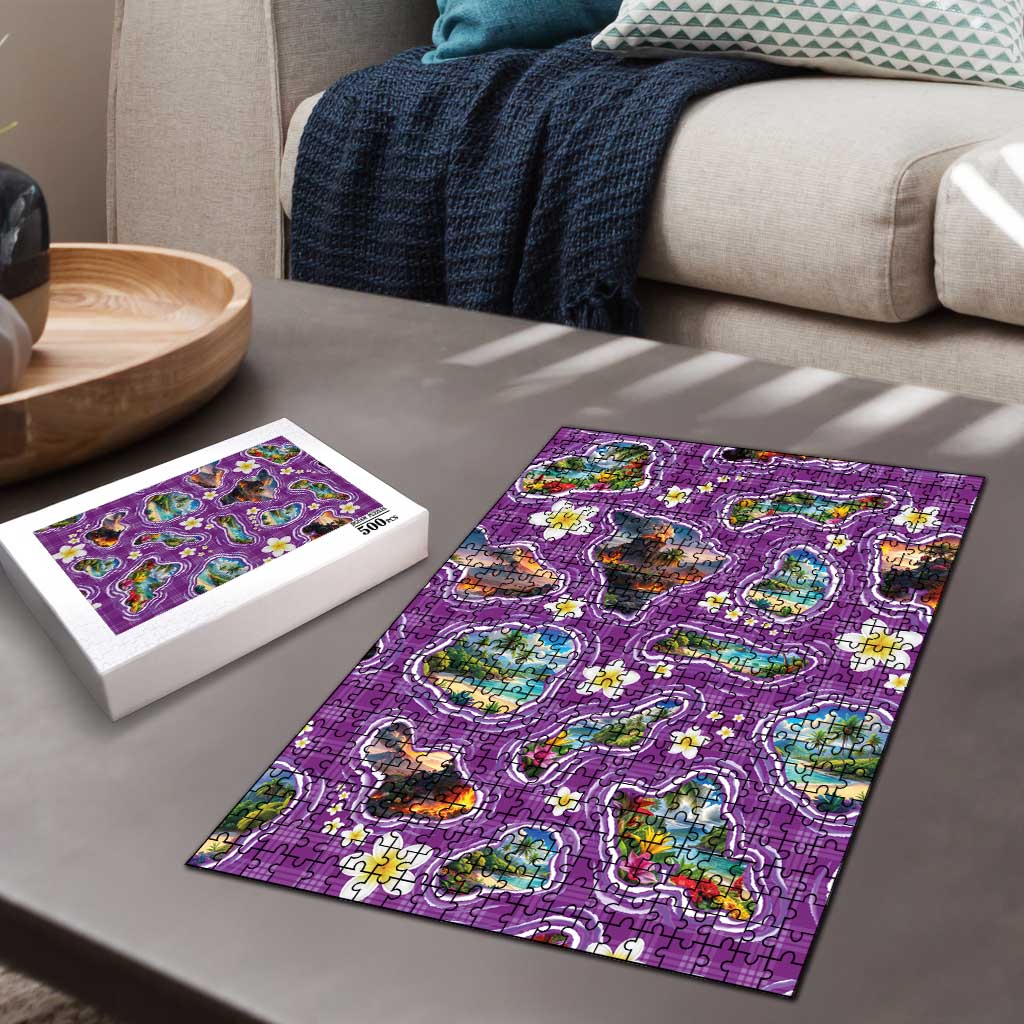 Hawaiian Island Shapes-Iconic Landscape Puzzle with Plumeria and Palaka Purple Color