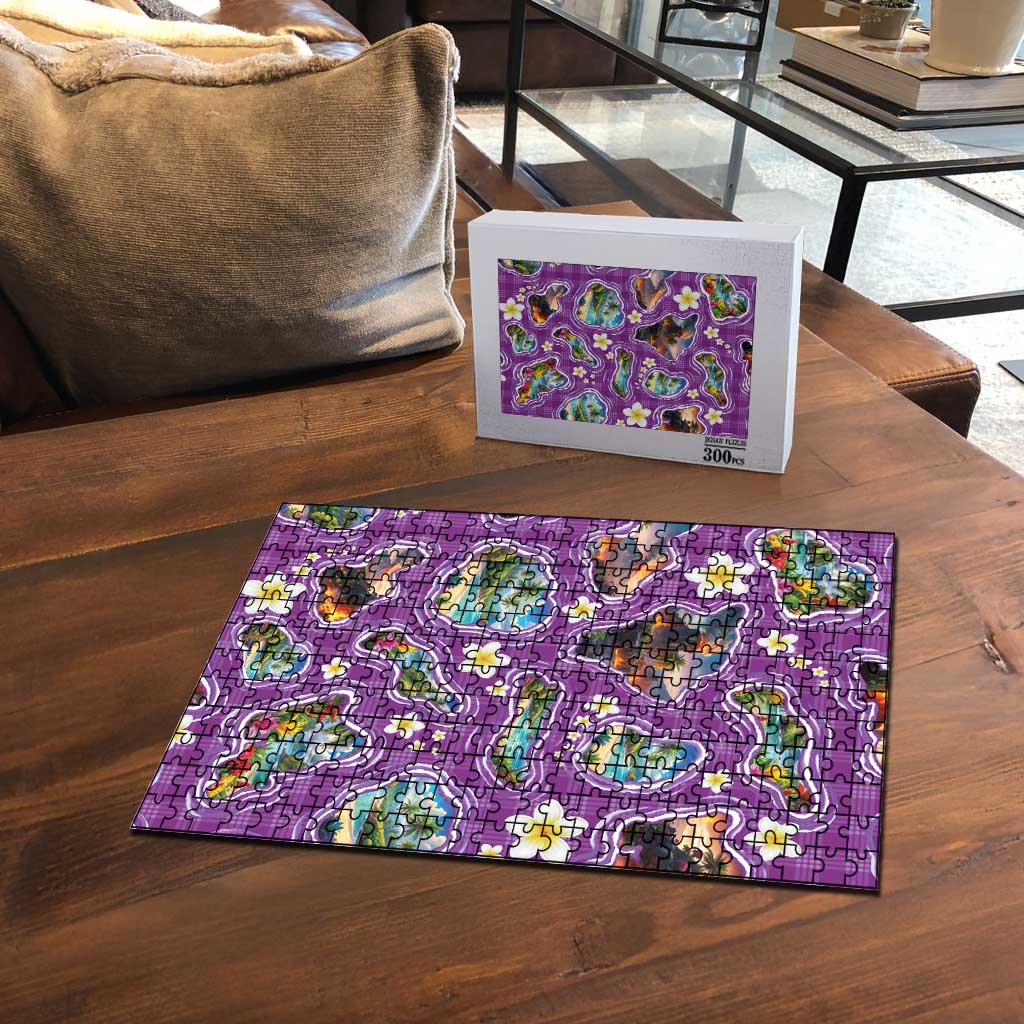 Hawaiian Island Shapes-Iconic Landscape Puzzle with Plumeria and Palaka Purple Color