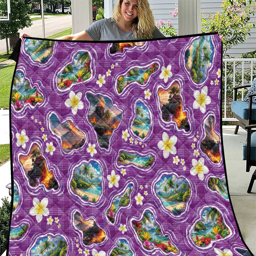 Hawaiian Island Shapes-Iconic Landscape Quilt with Plumeria and Palaka Purple Color