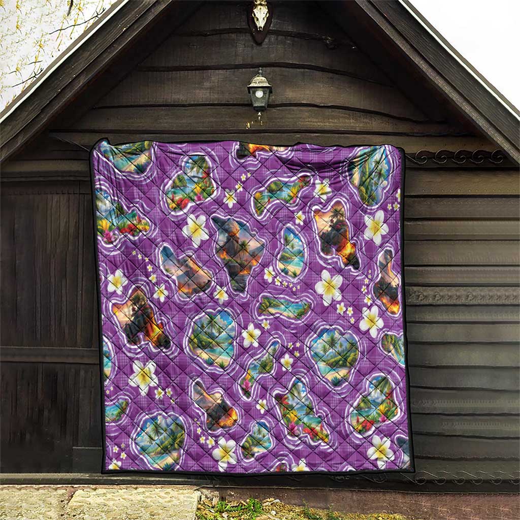 Hawaiian Island Shapes-Iconic Landscape Quilt with Plumeria and Palaka Purple Color