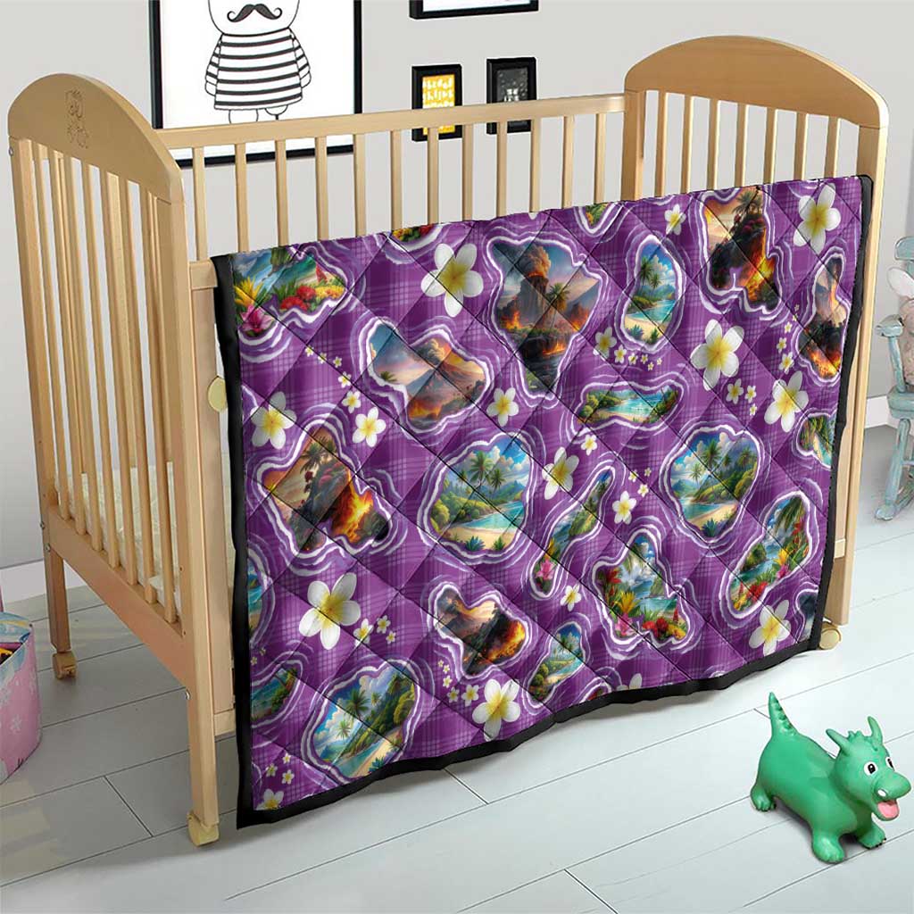 Hawaiian Island Shapes-Iconic Landscape Quilt with Plumeria and Palaka Purple Color