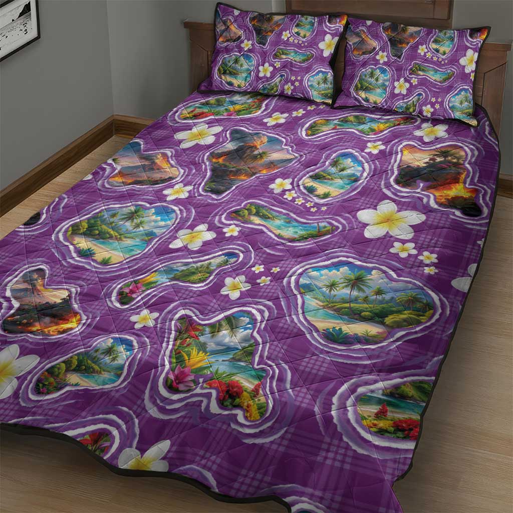 Hawaiian Island Shapes-Iconic Landscape Quilt Bed Set with Plumeria and Palaka Purple Color
