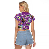 Hawaiian Island Shapes-Iconic Landscape Raglan Cropped T Shirt with Plumeria and Palaka Purple Color