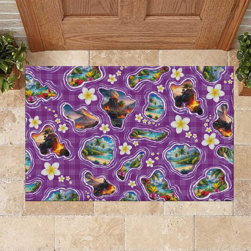 Hawaiian Island Shapes-Iconic Landscape Rubber Doormat with Plumeria and Palaka Purple Color