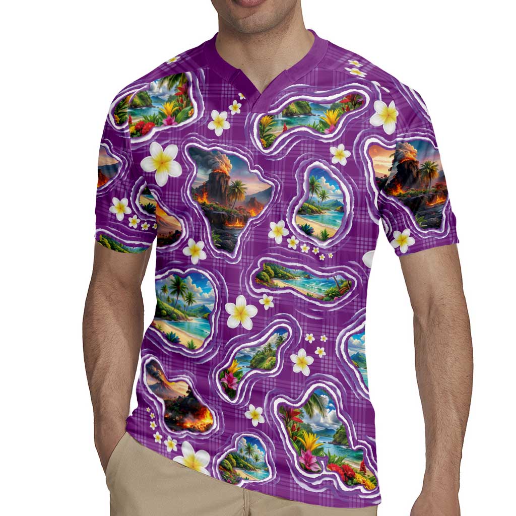Hawaiian Island Shapes-Iconic Landscape Rugby Jersey with Plumeria and Palaka Purple Color