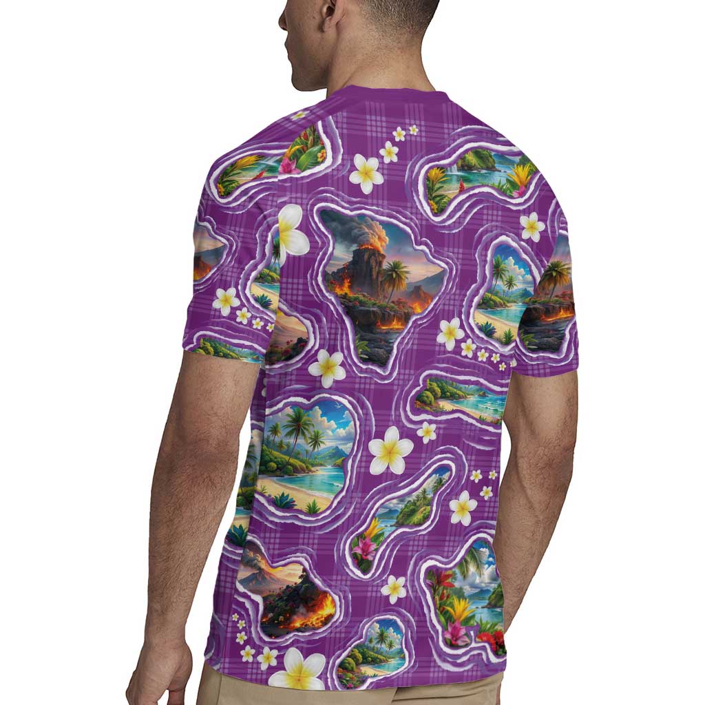 Hawaiian Island Shapes-Iconic Landscape Rugby Jersey with Plumeria and Palaka Purple Color