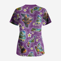 Hawaiian Island Shapes-Iconic Landscape Scrub Top with Plumeria and Palaka Purple Color