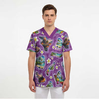 Hawaiian Island Shapes-Iconic Landscape Scrub Top with Plumeria and Palaka Purple Color