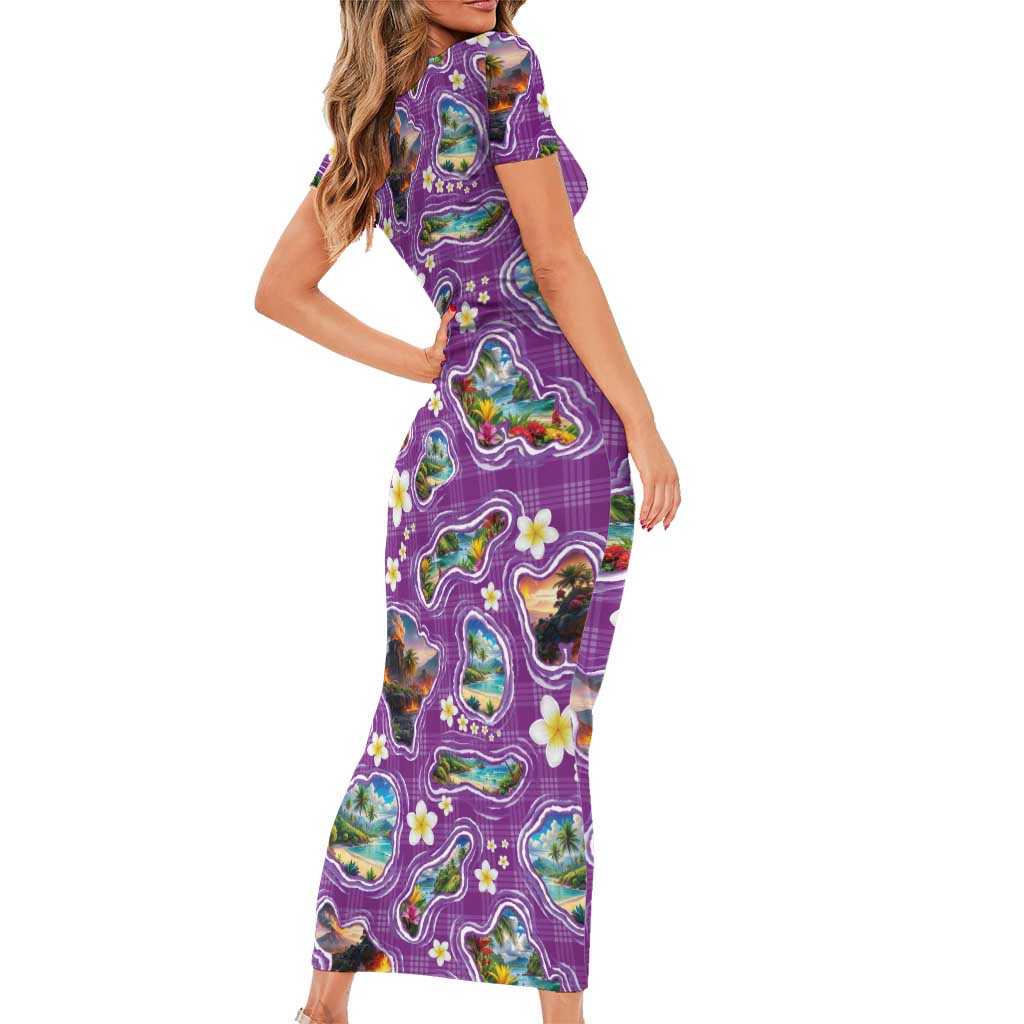 Hawaiian Island Shapes-Iconic Landscape Short Sleeve Bodycon Dress with Plumeria and Palaka Purple Color
