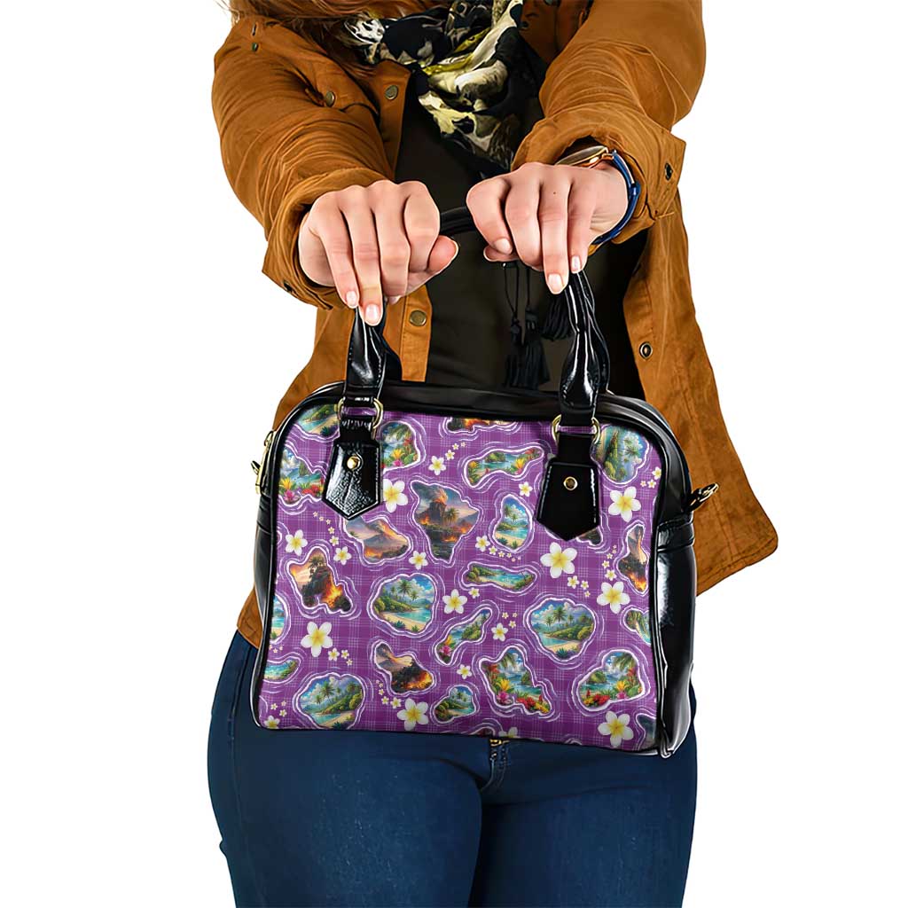 Hawaiian Island Shapes-Iconic Landscape Shoulder Handbag with Plumeria and Palaka Purple Color