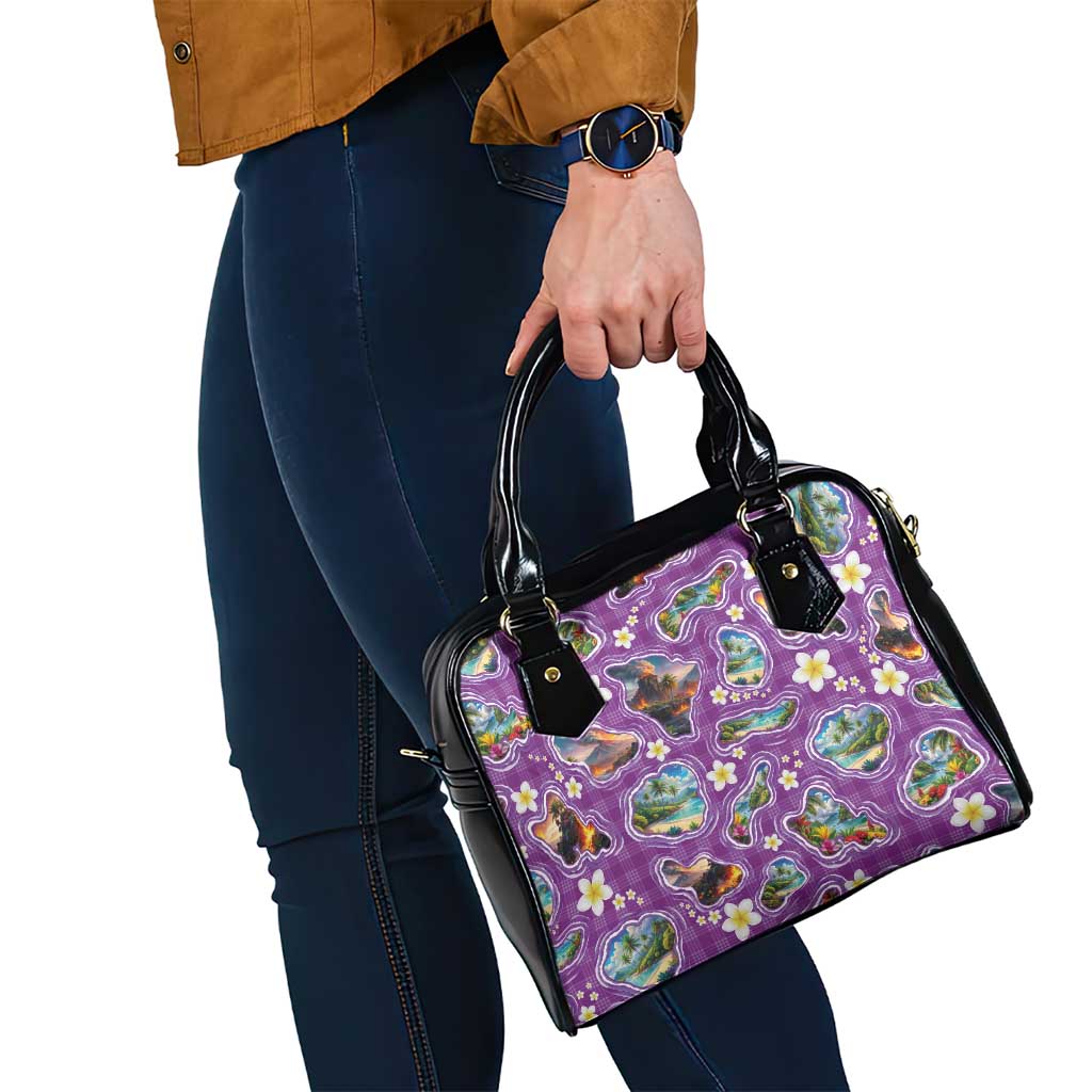 Hawaiian Island Shapes-Iconic Landscape Shoulder Handbag with Plumeria and Palaka Purple Color