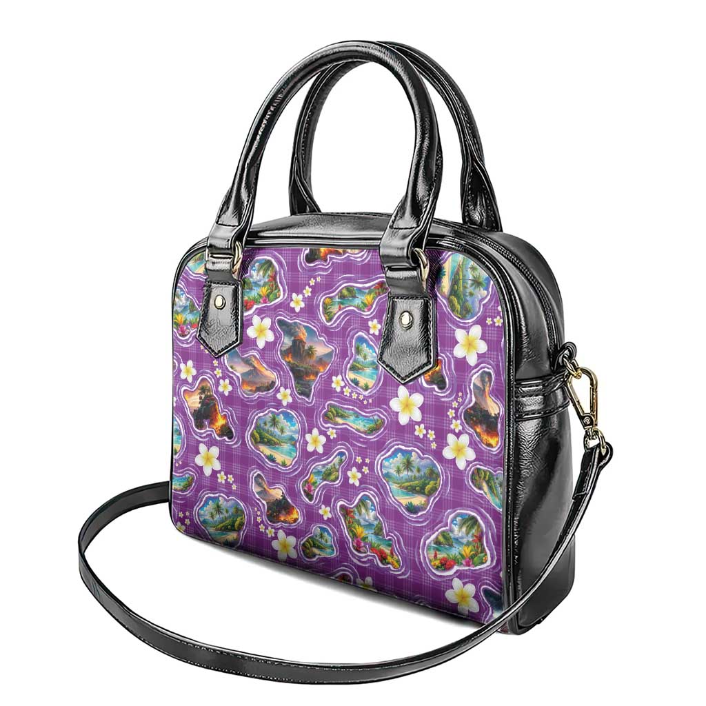 Hawaiian Island Shapes-Iconic Landscape Shoulder Handbag with Plumeria and Palaka Purple Color