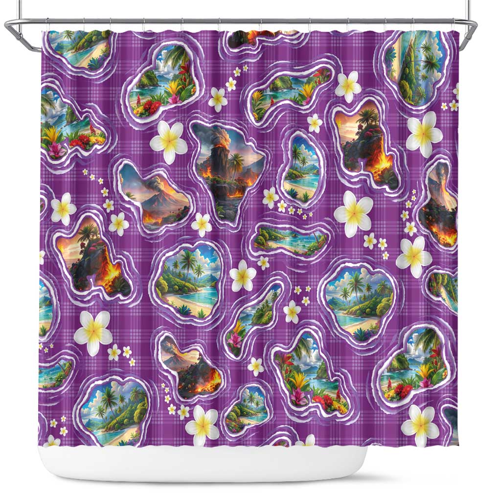 Hawaiian Island Shapes-Iconic Landscape Shower Curtain with Plumeria and Palaka Purple Color