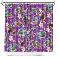 Hawaiian Island Shapes-Iconic Landscape Shower Curtain with Plumeria and Palaka Purple Color