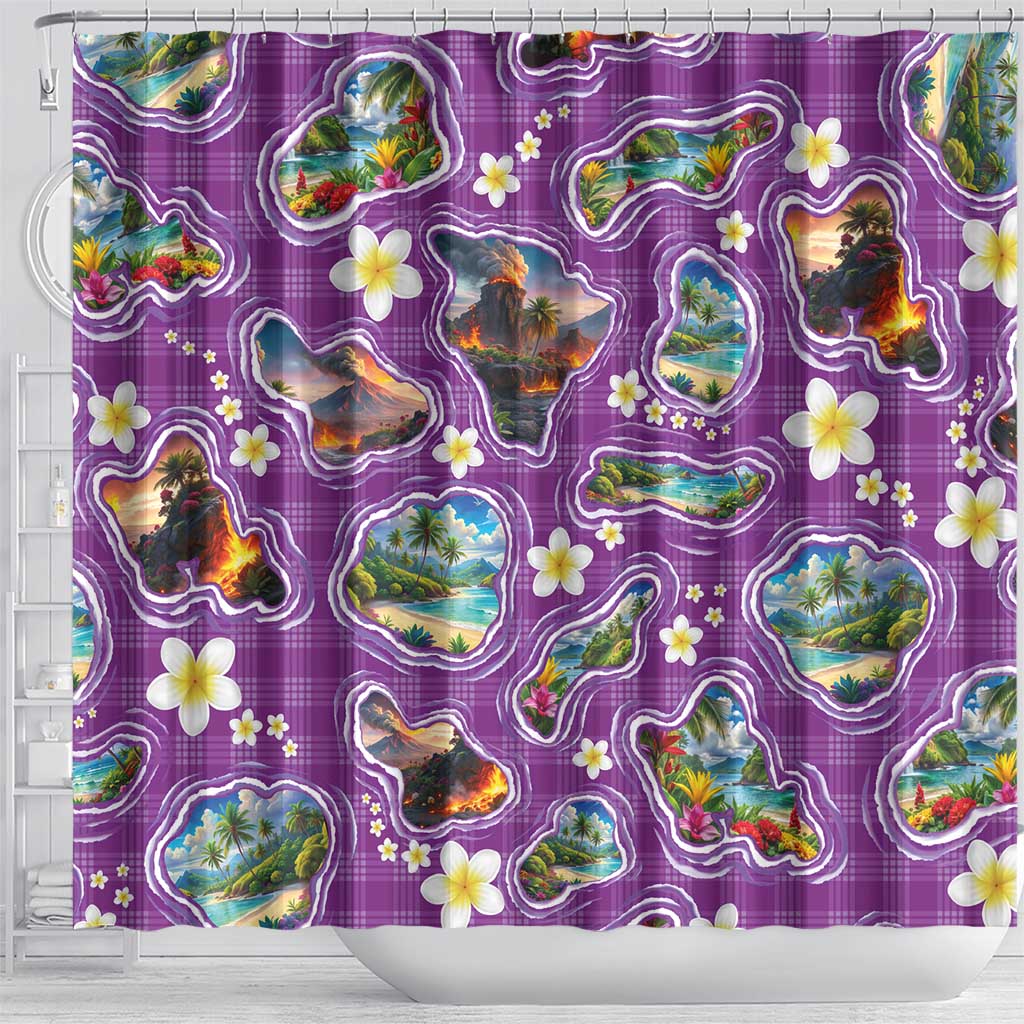 Hawaiian Island Shapes-Iconic Landscape Shower Curtain with Plumeria and Palaka Purple Color