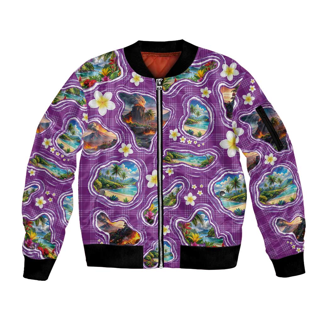 Hawaiian Island Shapes-Iconic Landscape Sleeve Zip Bomber Jacket with Plumeria and Palaka Purple Color