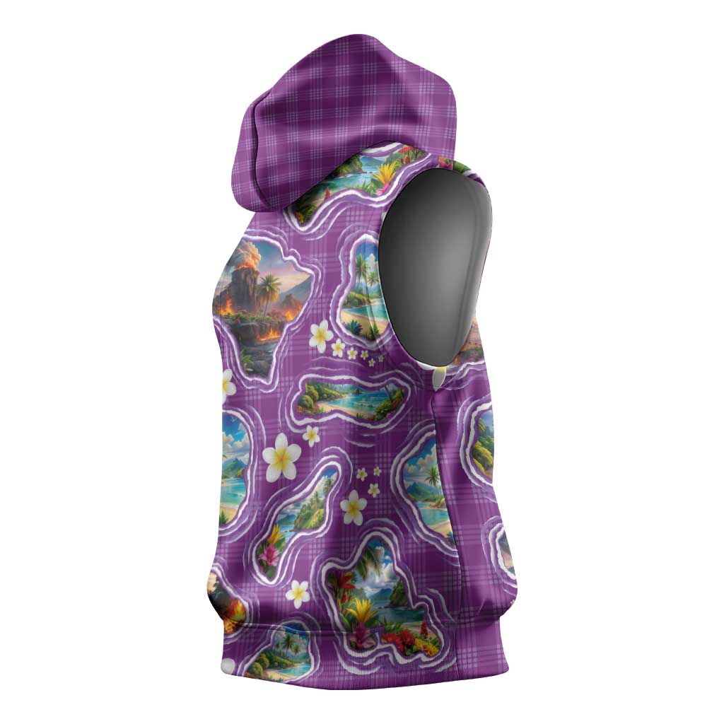 Hawaiian Island Shapes-Iconic Landscape Sleeveless Hoodie with Plumeria and Palaka Purple Color