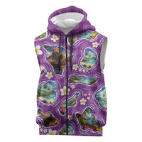 Hawaiian Island Shapes-Iconic Landscape Sleeveless Zip Hoodie with Plumeria and Palaka Purple Color