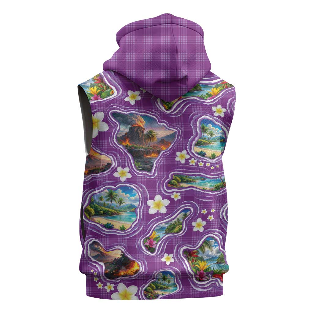 Hawaiian Island Shapes-Iconic Landscape Sleeveless Zip Hoodie with Plumeria and Palaka Purple Color