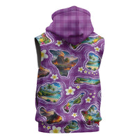 Hawaiian Island Shapes-Iconic Landscape Sleeveless Zip Hoodie with Plumeria and Palaka Purple Color