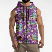 Hawaiian Island Shapes-Iconic Landscape Sleeveless Zip Hoodie with Plumeria and Palaka Purple Color