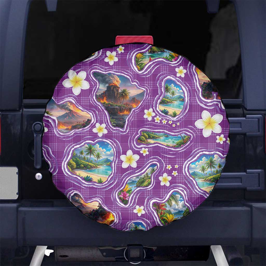 Hawaiian Island Shapes-Iconic Landscape Spare Tire Cover with Plumeria and Palaka Purple Color