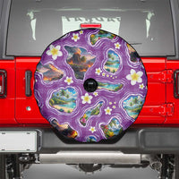 Hawaiian Island Shapes-Iconic Landscape Spare Tire Cover with Plumeria and Palaka Purple Color