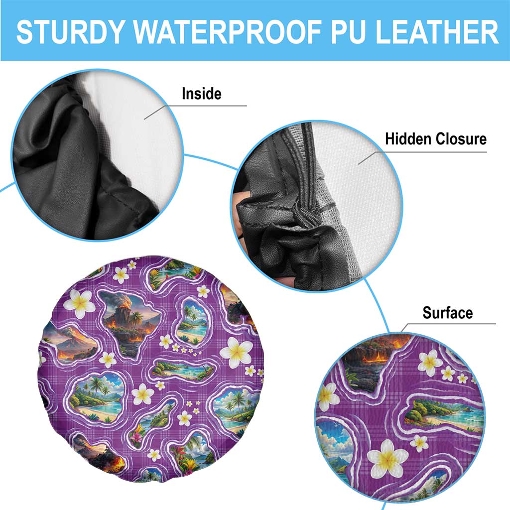 Hawaiian Island Shapes-Iconic Landscape Spare Tire Cover with Plumeria and Palaka Purple Color