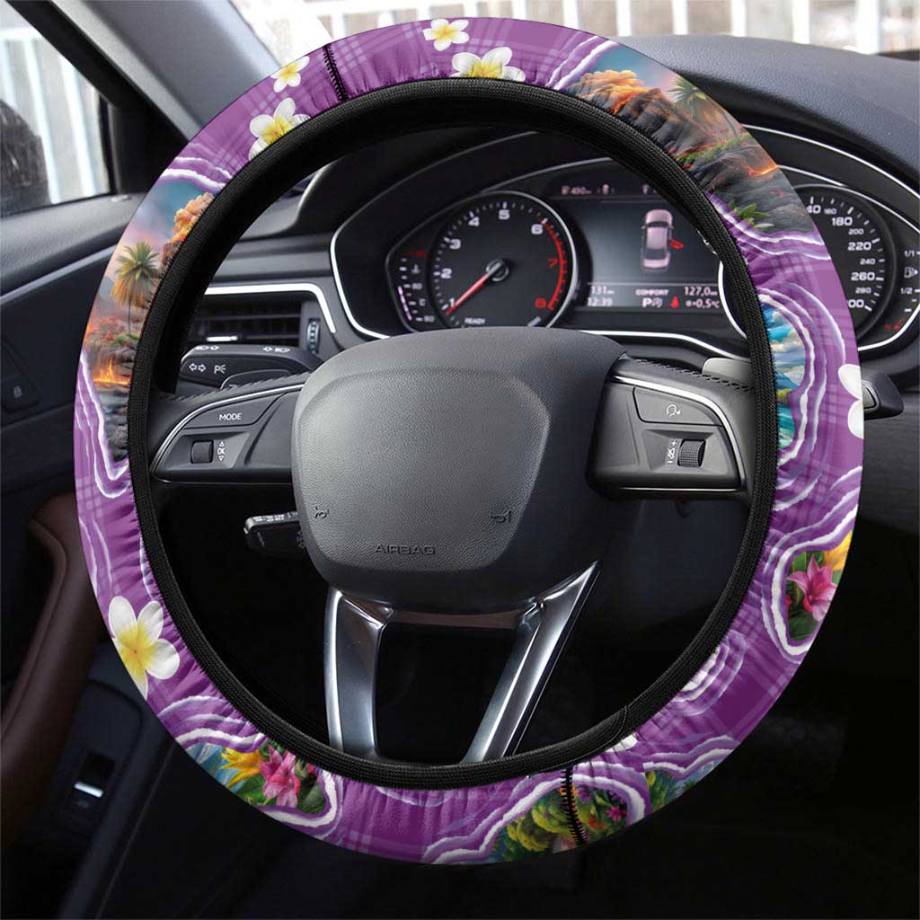 Hawaiian Island Shapes-Iconic Landscape Steering Wheel Cover with Plumeria and Palaka Purple Color