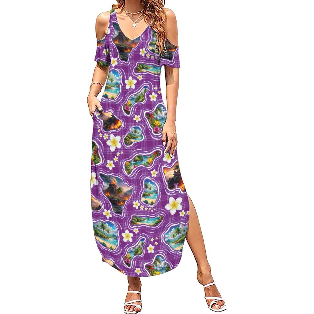 Hawaiian Island Shapes-Iconic Landscape Summer Maxi Dress with Plumeria and Palaka Purple Color