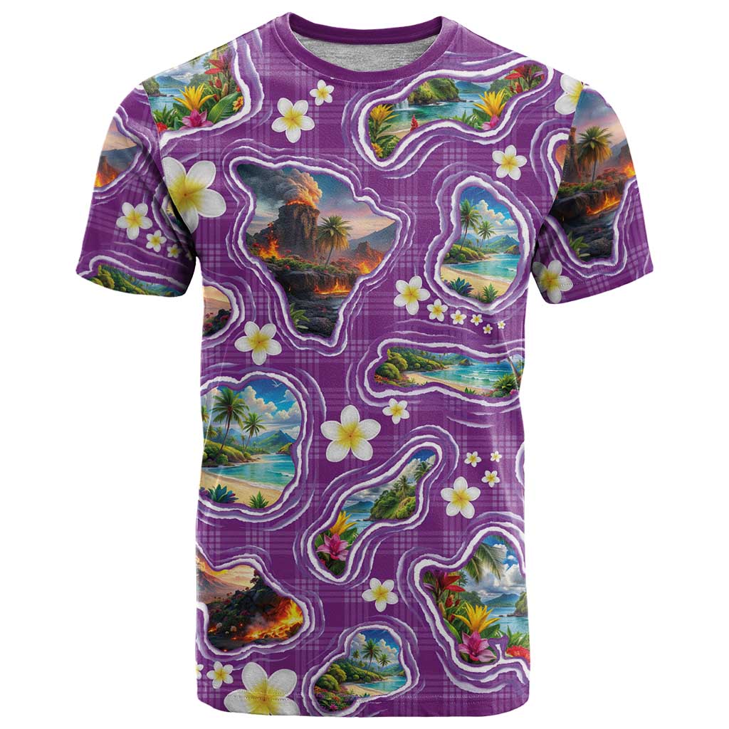 Hawaiian Island Shapes-Iconic Landscape T Shirt with Plumeria and Palaka Purple Color
