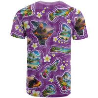 Hawaiian Island Shapes-Iconic Landscape T Shirt with Plumeria and Palaka Purple Color