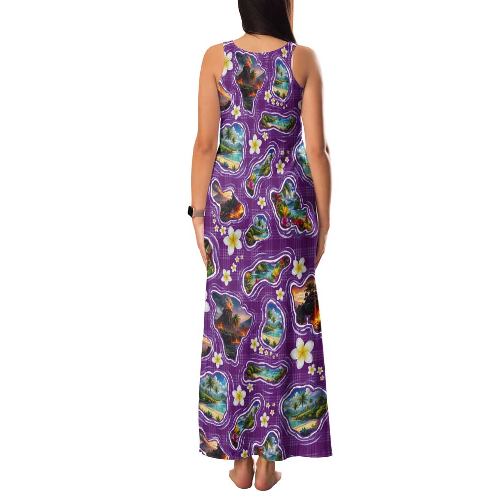 Hawaiian Island Shapes-Iconic Landscape Tank Maxi Dress with Plumeria and Palaka Purple Color