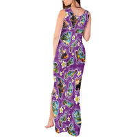 Hawaiian Island Shapes-Iconic Landscape Tank Maxi Dress with Plumeria and Palaka Purple Color