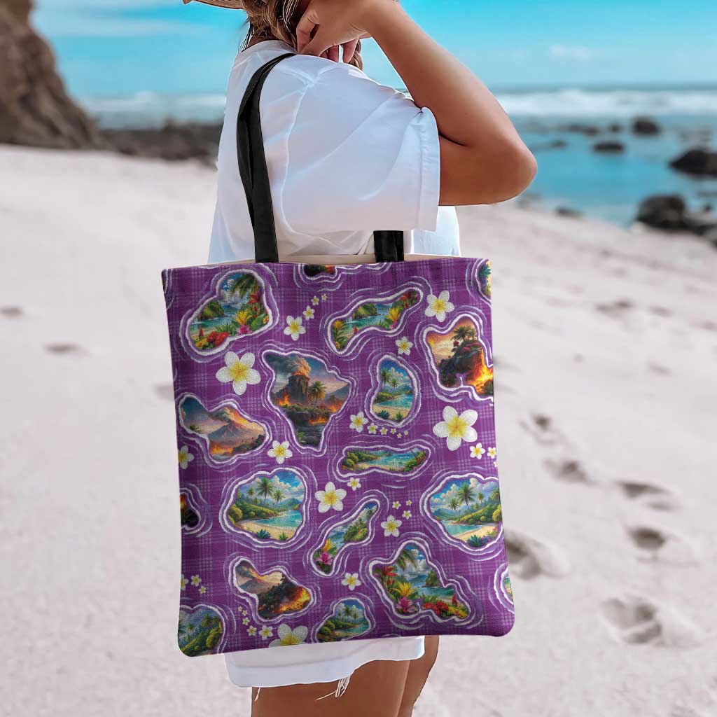 Hawaiian Island Shapes-Iconic Landscape Tote Bag with Plumeria and Palaka Purple Color