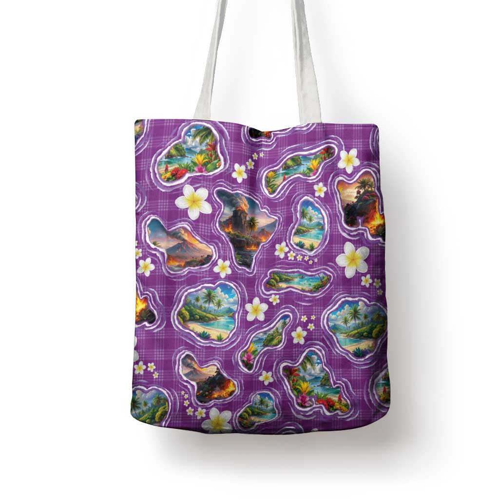 Hawaiian Island Shapes-Iconic Landscape Tote Bag with Plumeria and Palaka Purple Color