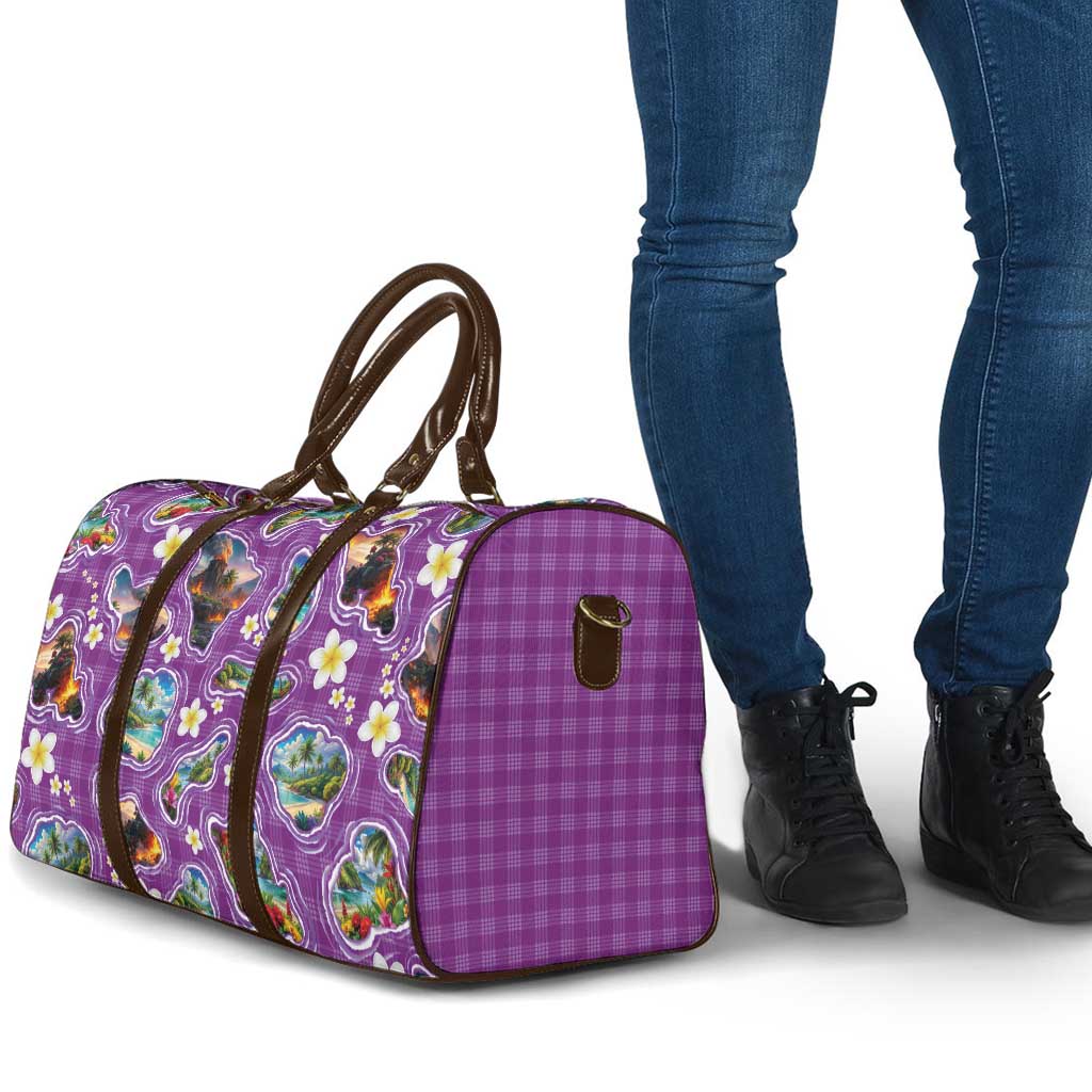 Hawaiian Island Shapes-Iconic Landscape Travel Bag with Plumeria and Palaka Purple Color