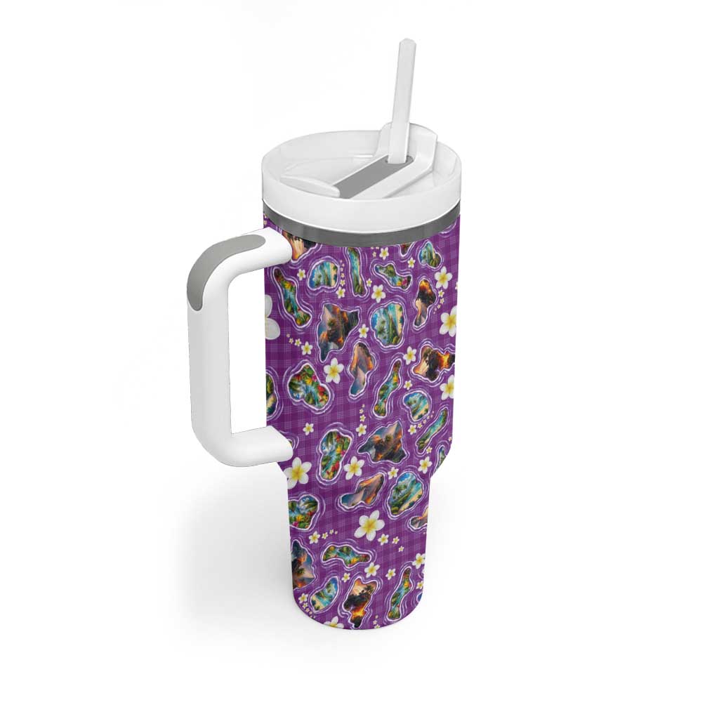 Hawaiian Island Shapes-Iconic Landscape Tumbler With Handle with Plumeria and Palaka Purple Color