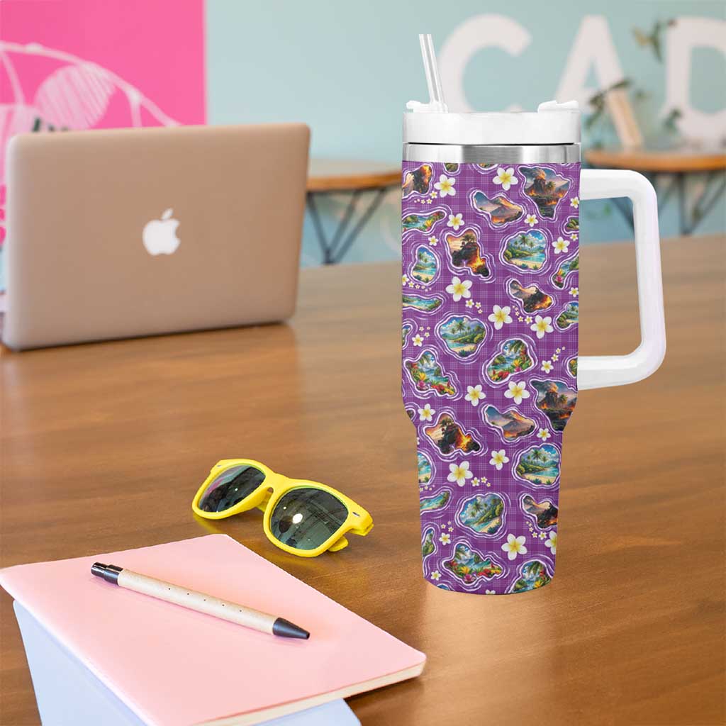 Hawaiian Island Shapes-Iconic Landscape Tumbler With Handle with Plumeria and Palaka Purple Color