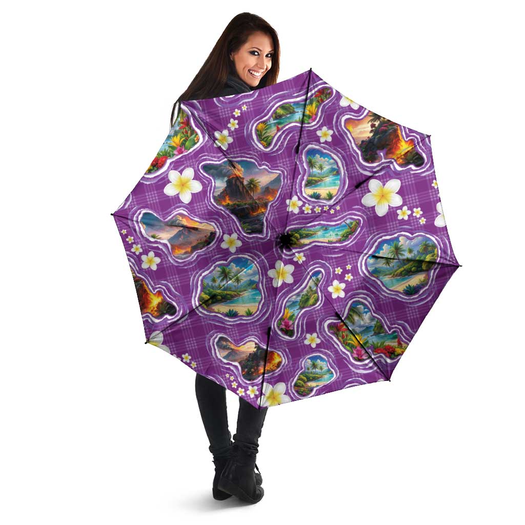 Hawaiian Island Shapes-Iconic Landscape Umbrella with Plumeria and Palaka Purple Color