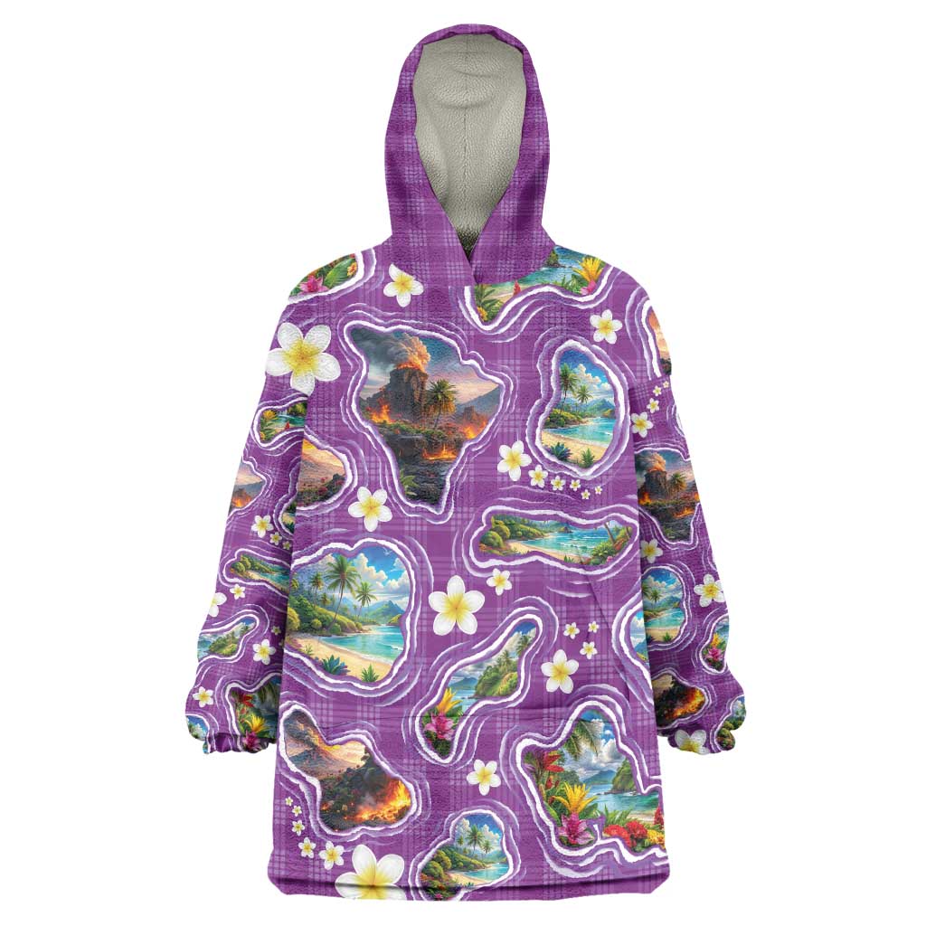 Hawaiian Island Shapes-Iconic Landscape Wearable Blanket Hoodie with Plumeria and Palaka Purple Color