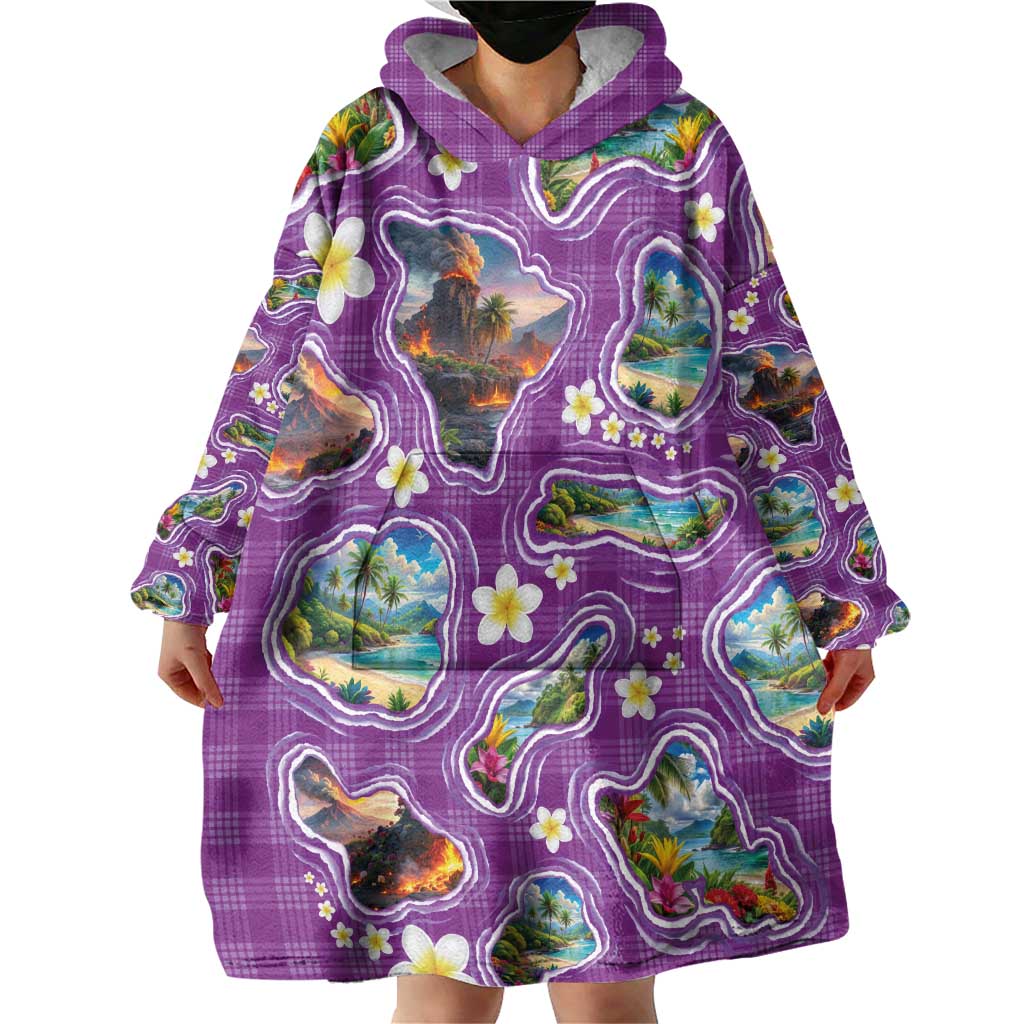 Hawaiian Island Shapes-Iconic Landscape Wearable Blanket Hoodie with Plumeria and Palaka Purple Color
