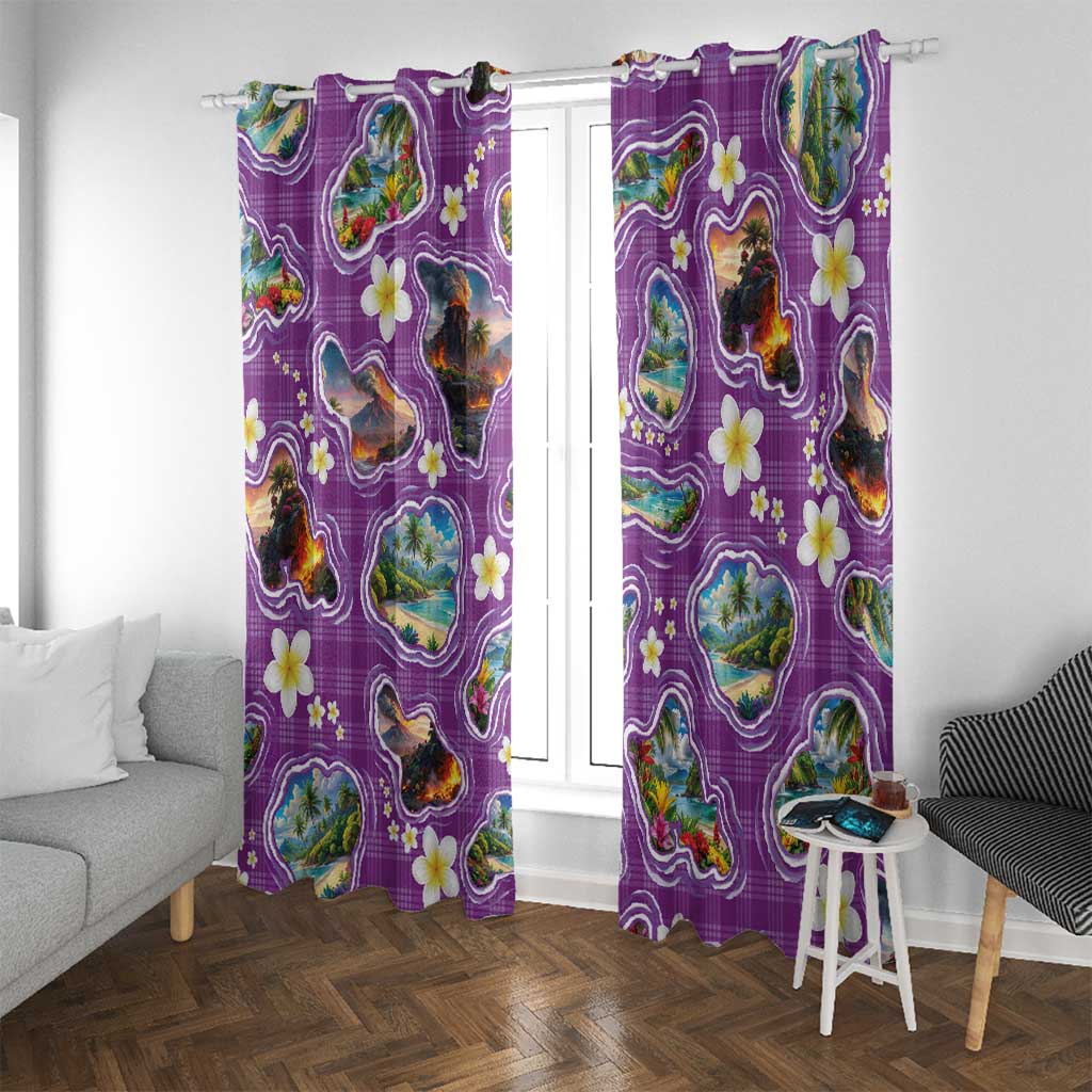 Hawaiian Island Shapes-Iconic Landscape Window Curtain with Plumeria and Palaka Purple Color