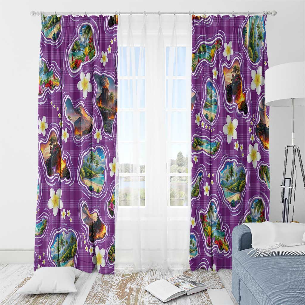 Hawaiian Island Shapes-Iconic Landscape Window Curtain with Plumeria and Palaka Purple Color