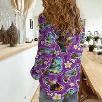 Hawaiian Island Shapes-Iconic Landscape Women Casual Shirt with Plumeria and Palaka Purple Color