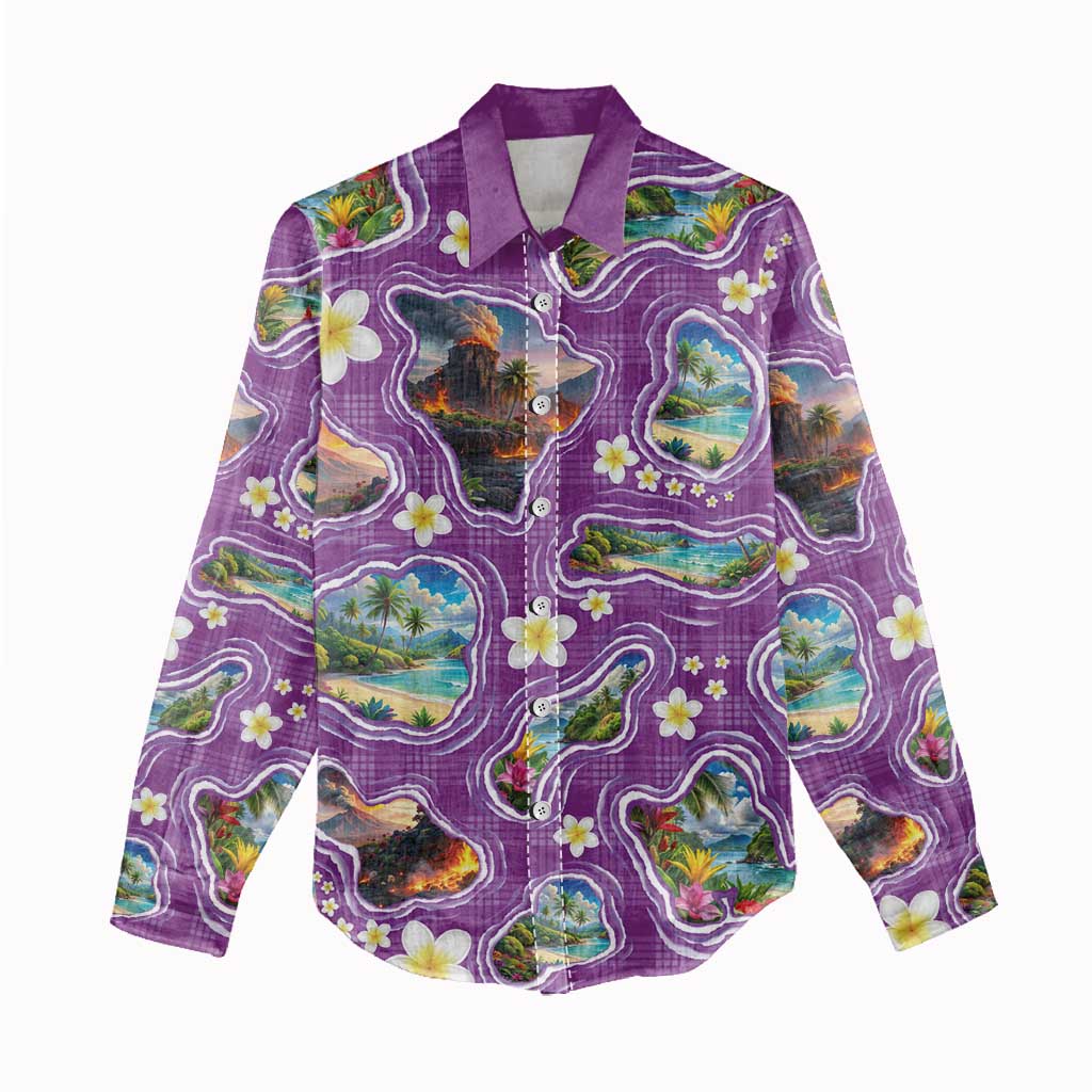 Hawaiian Island Shapes-Iconic Landscape Women Casual Shirt with Plumeria and Palaka Purple Color