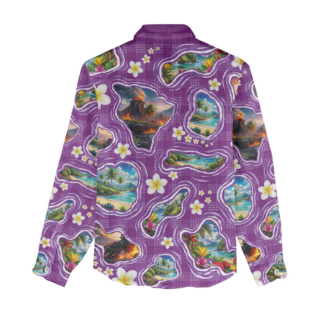 Hawaiian Island Shapes-Iconic Landscape Women Casual Shirt with Plumeria and Palaka Purple Color