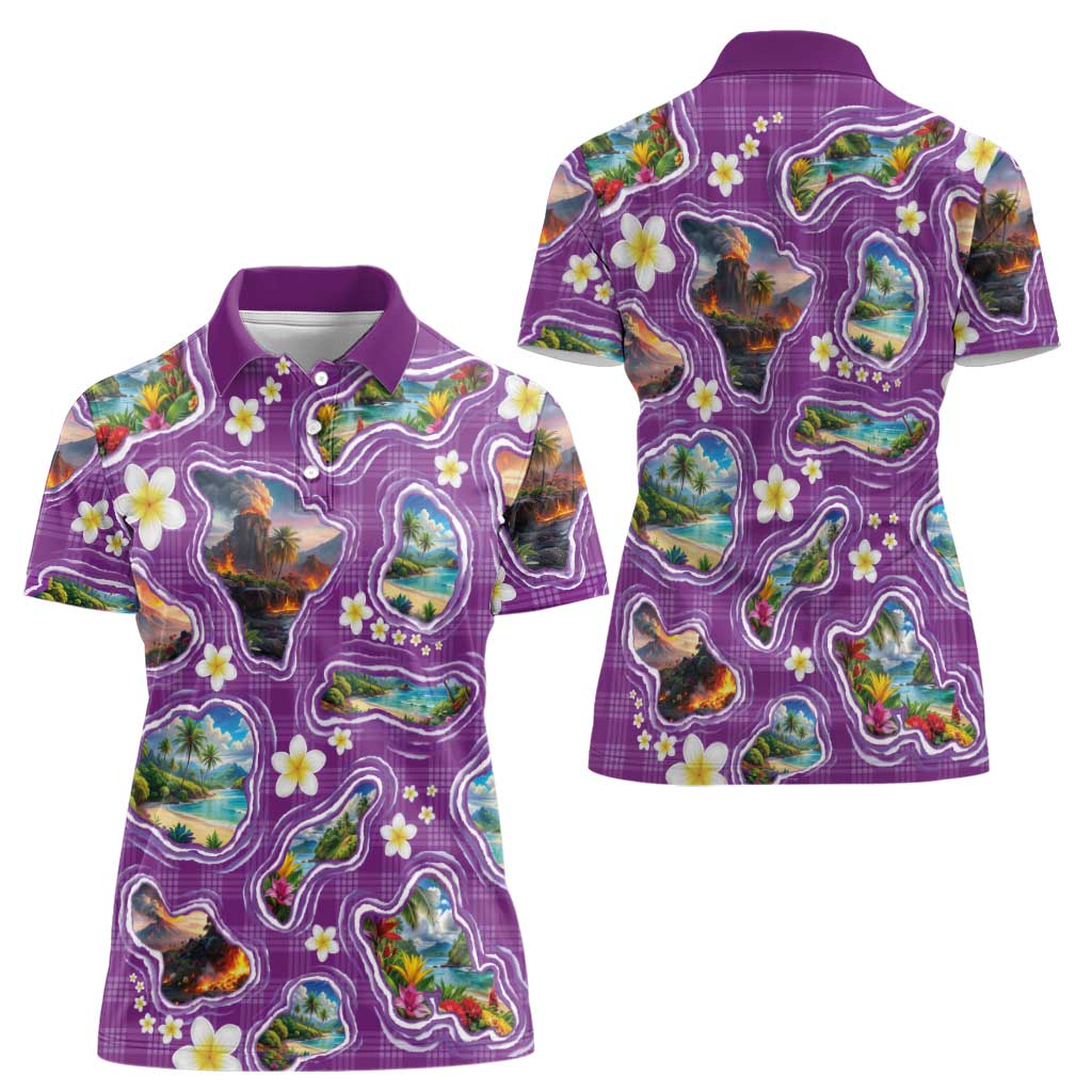 Hawaiian Island Shapes-Iconic Landscape Women Polo Shirt with Plumeria and Palaka Purple Color