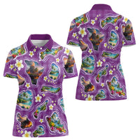 Hawaiian Island Shapes-Iconic Landscape Women Polo Shirt with Plumeria and Palaka Purple Color