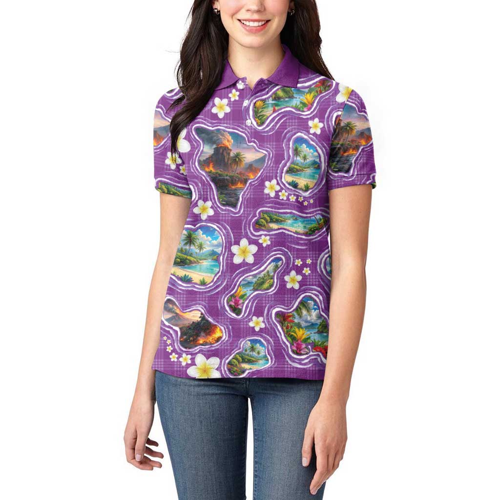 Hawaiian Island Shapes-Iconic Landscape Women Polo Shirt with Plumeria and Palaka Purple Color